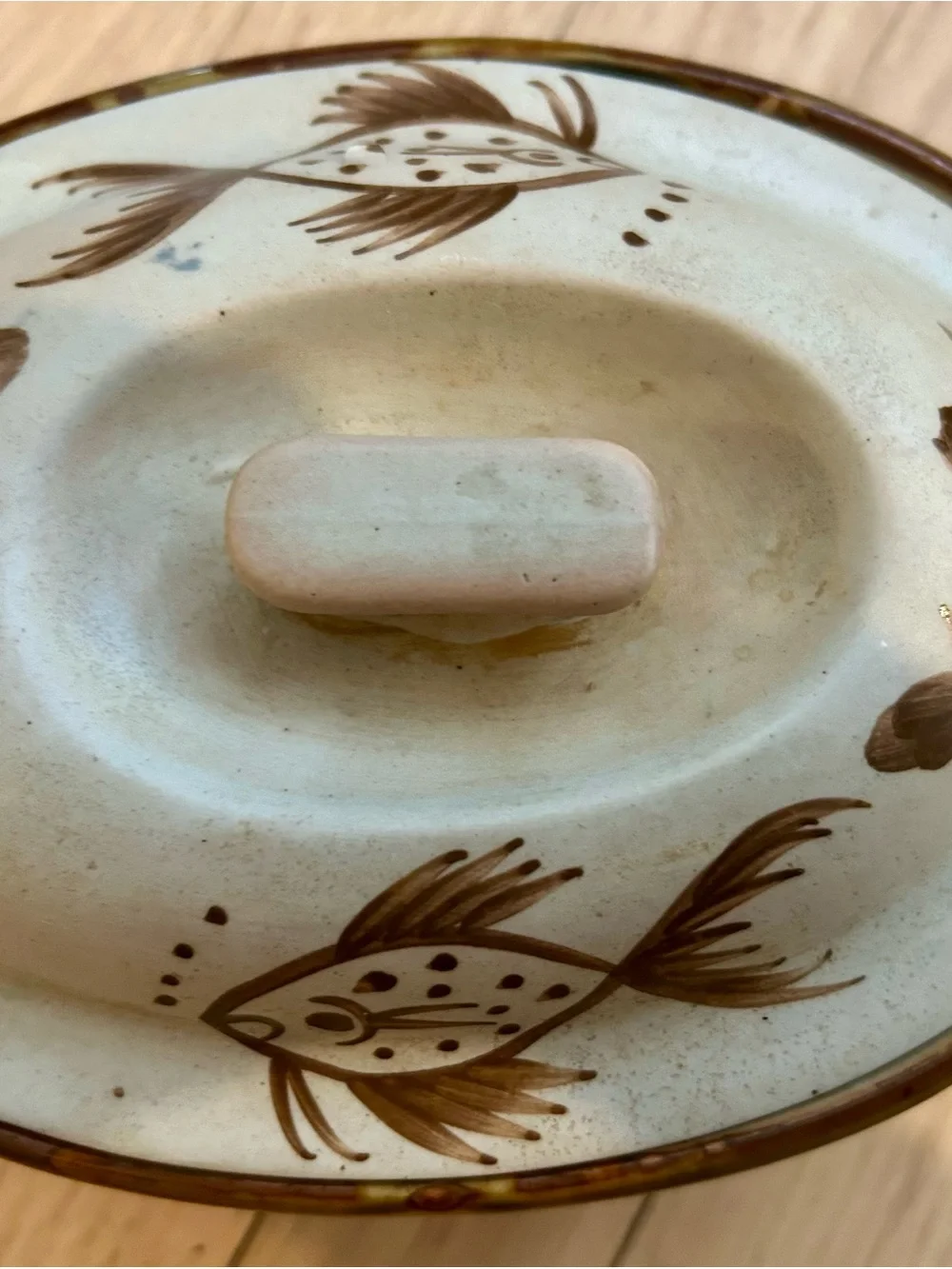Hand-Painted Cream & Brown Vintage Stoneware Casserole Dish